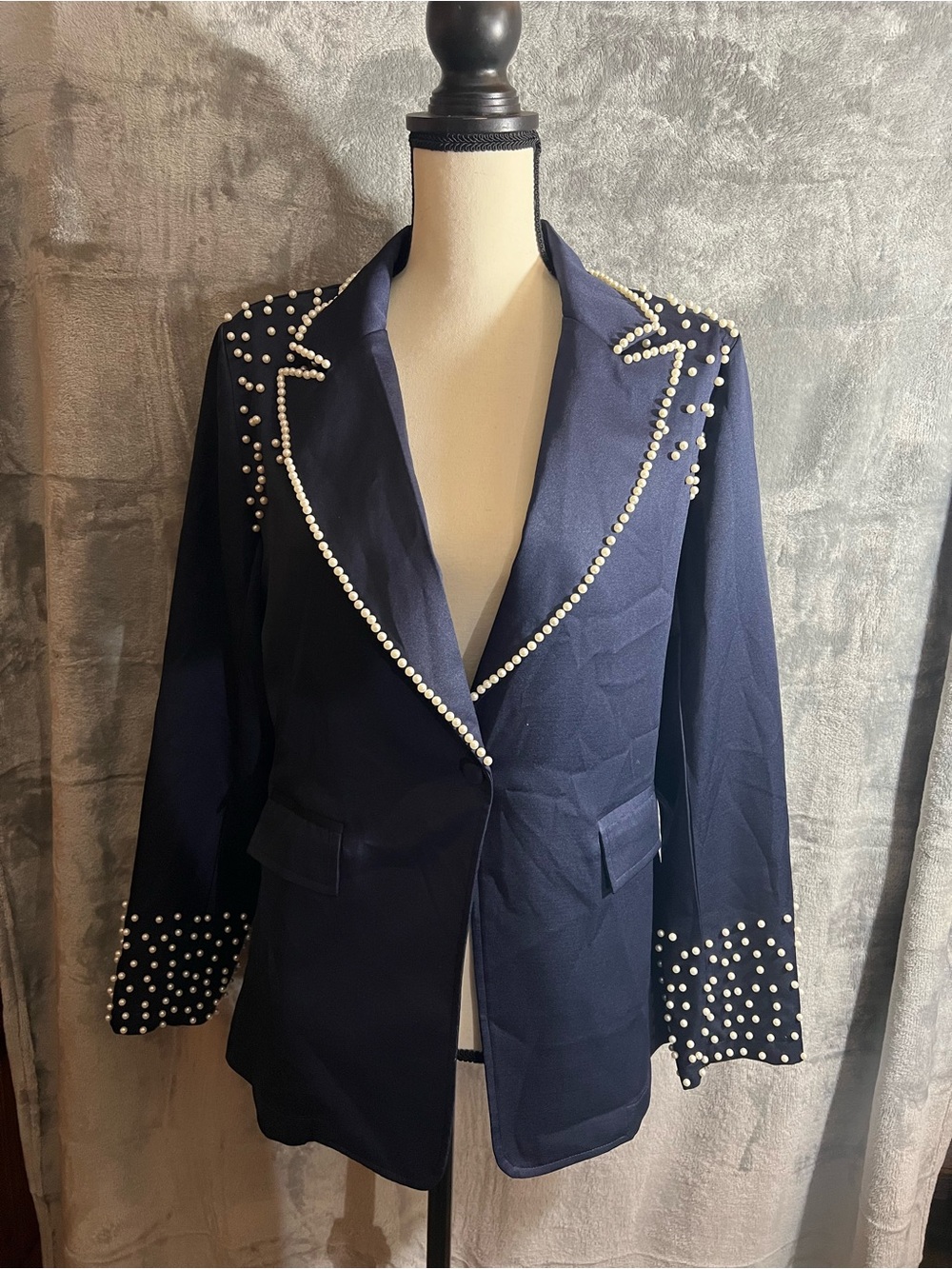 Navy Pearl-Trim Blazer Jacket - Women's